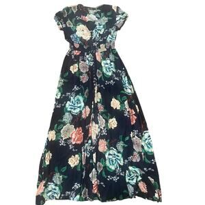 Floral Maxi Women Size Small V Neck Short Sleeve Smock Waist Spring Boho Prairie